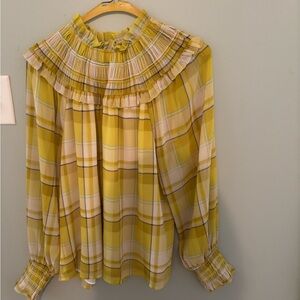 Ann Taylor Yellow Checkered Ruffle Blouse